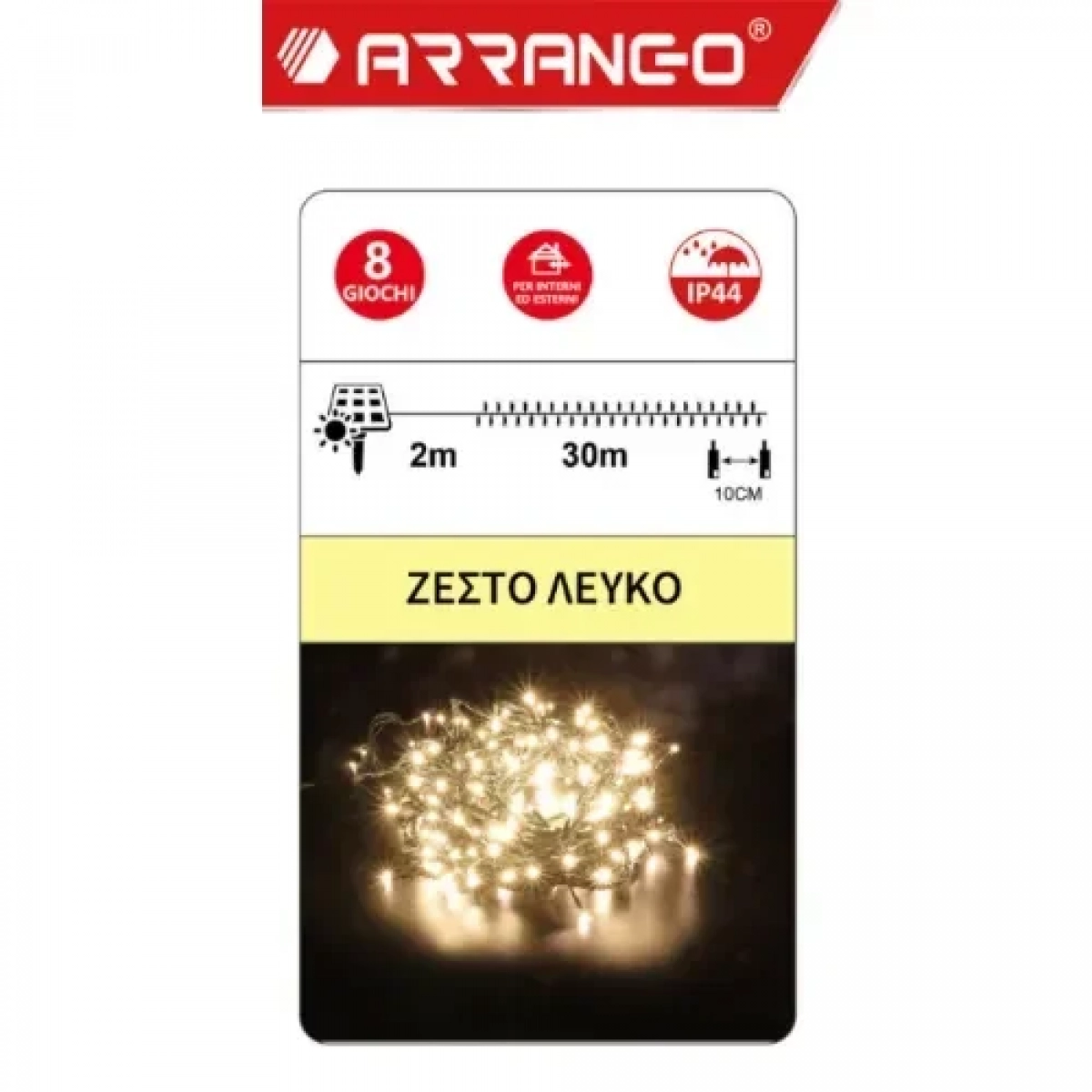 Ηλιακά Χριστουγεννιάτικα Λαμπάκια 300LED με Πρόγραμμα & Χειριστήριο Ζεστό Λευκό 30m IP44 με Πράσινο Καλώδιο AN48355 ARRANGO